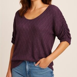 NATION LTD Pointelle Knit Metallic Weave Ruched Sleeve Layering Top